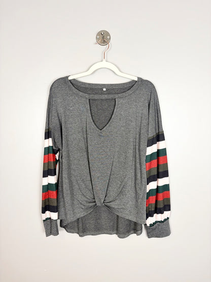 XL - Dark Grey Twist-Front Colour-band Top
