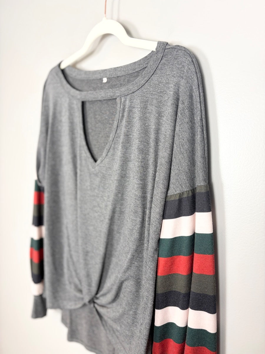 XL - Dark Grey Twist-Front Colour-band Top