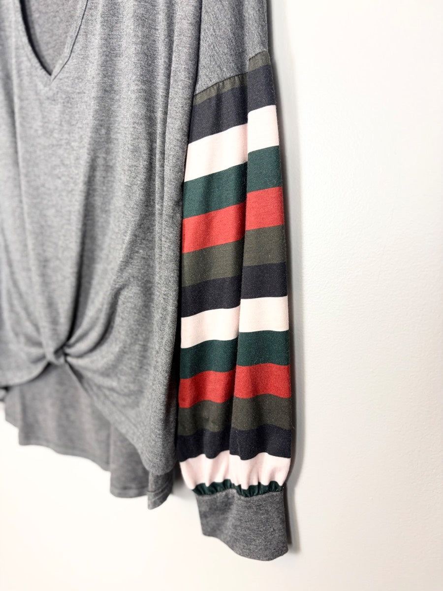 XL - Dark Grey Twist-Front Colour-band Top