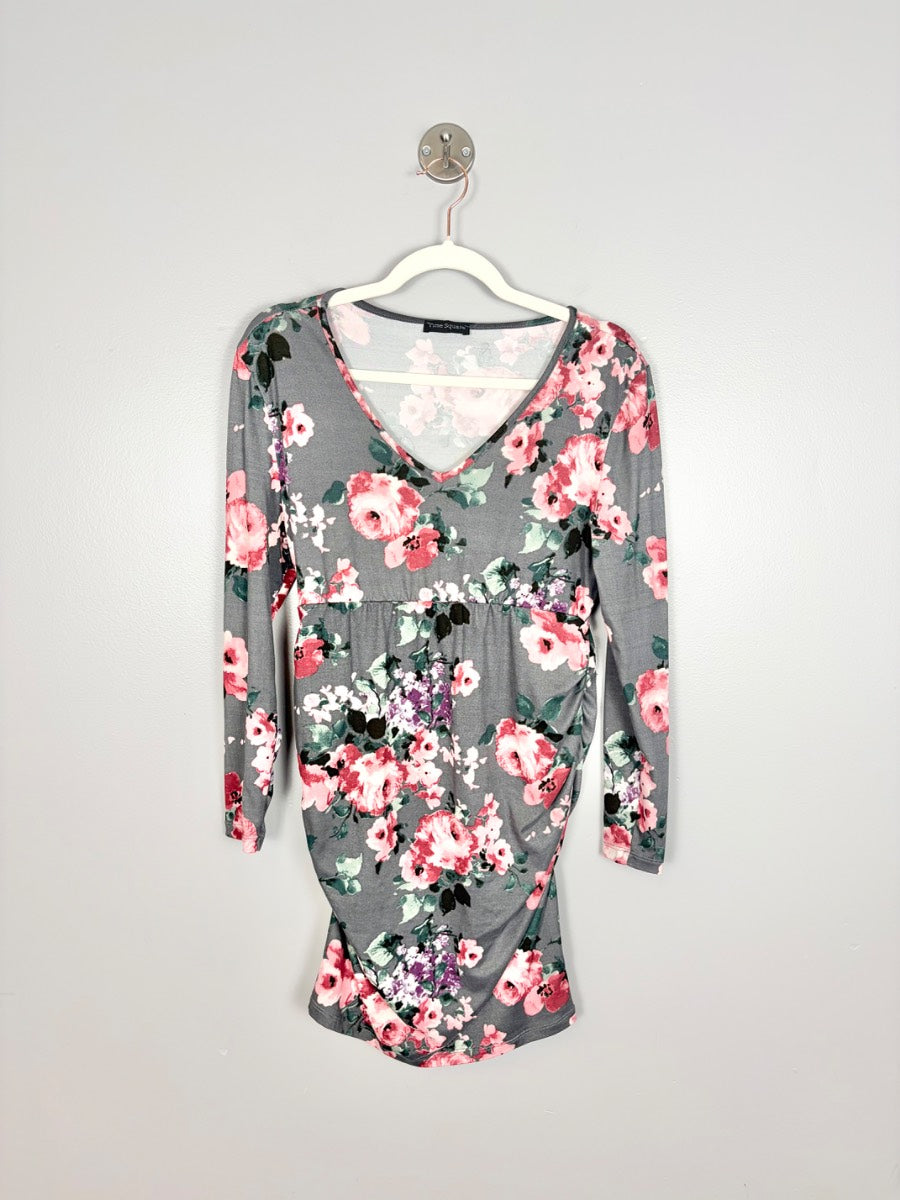 S - Time Square Grey Floral Long Sleeve Mini Dress