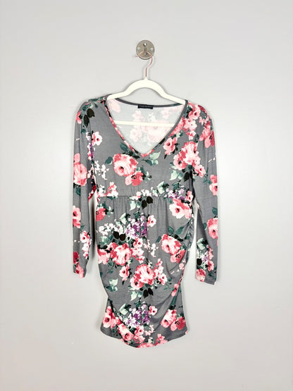 S - Time Square Grey Floral Long Sleeve Mini Dress