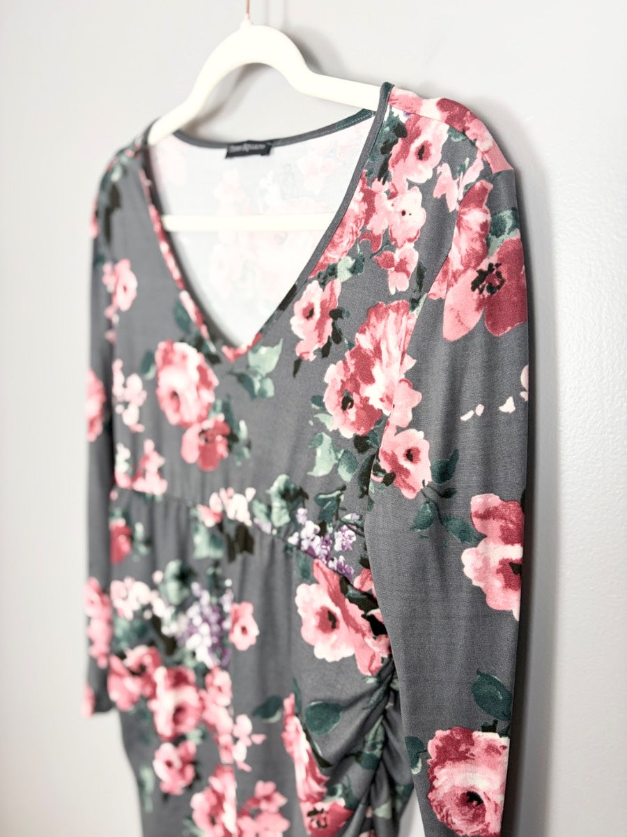 S - Time Square Grey Floral Long Sleeve Mini Dress