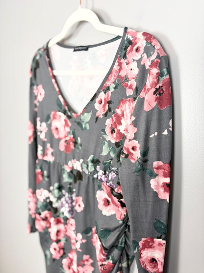 S - Time Square Grey Floral Long Sleeve Mini Dress