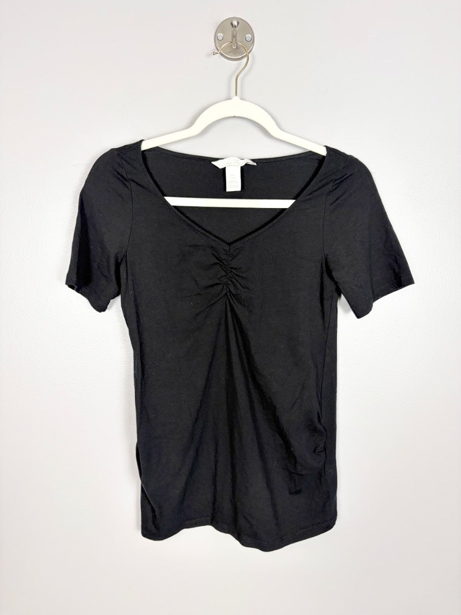 M - H & M Ruched Black V-Neck Tee