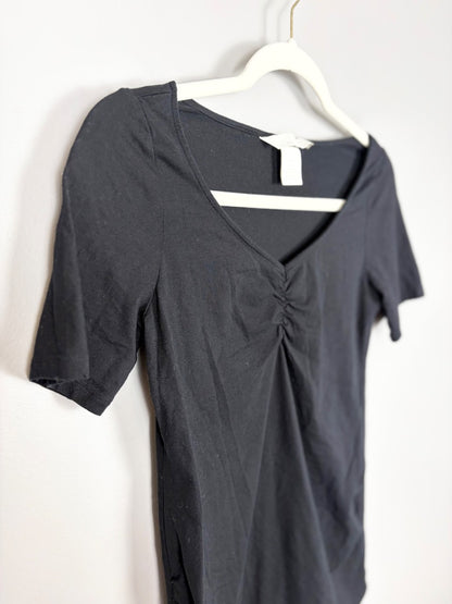 M - H & M Ruched Black V-Neck Tee