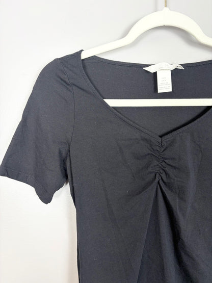 M - H & M Ruched Black V-Neck Tee