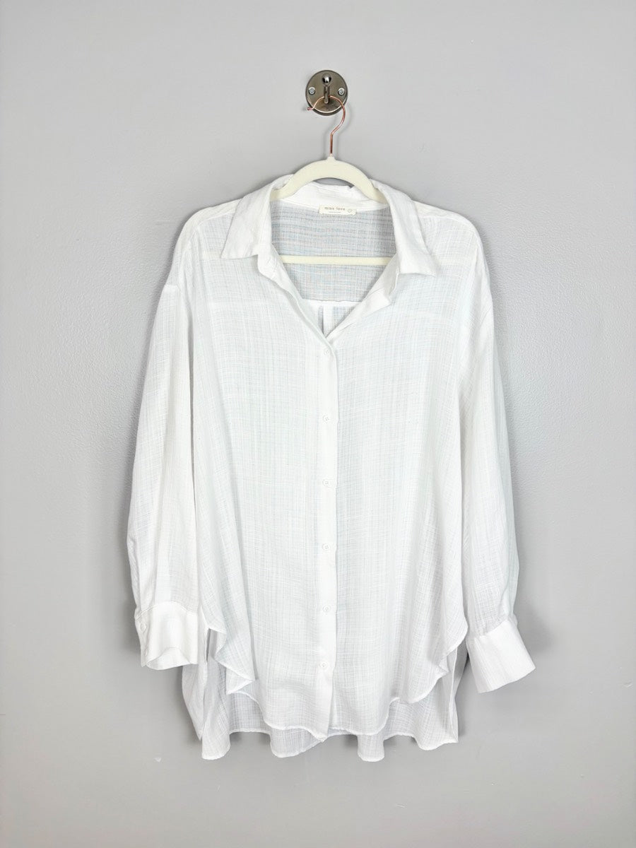L - Miss Love White Gauze Button Down Shirt