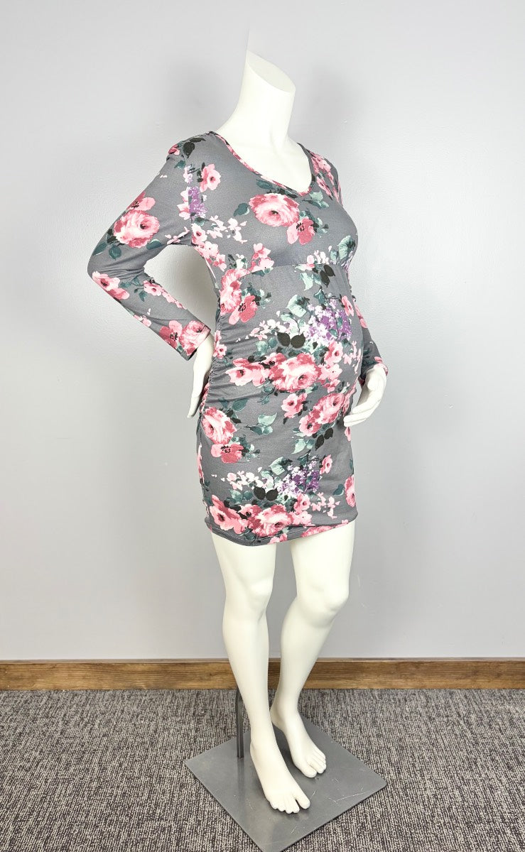 S - Time Square Grey Floral Long Sleeve Mini Dress
