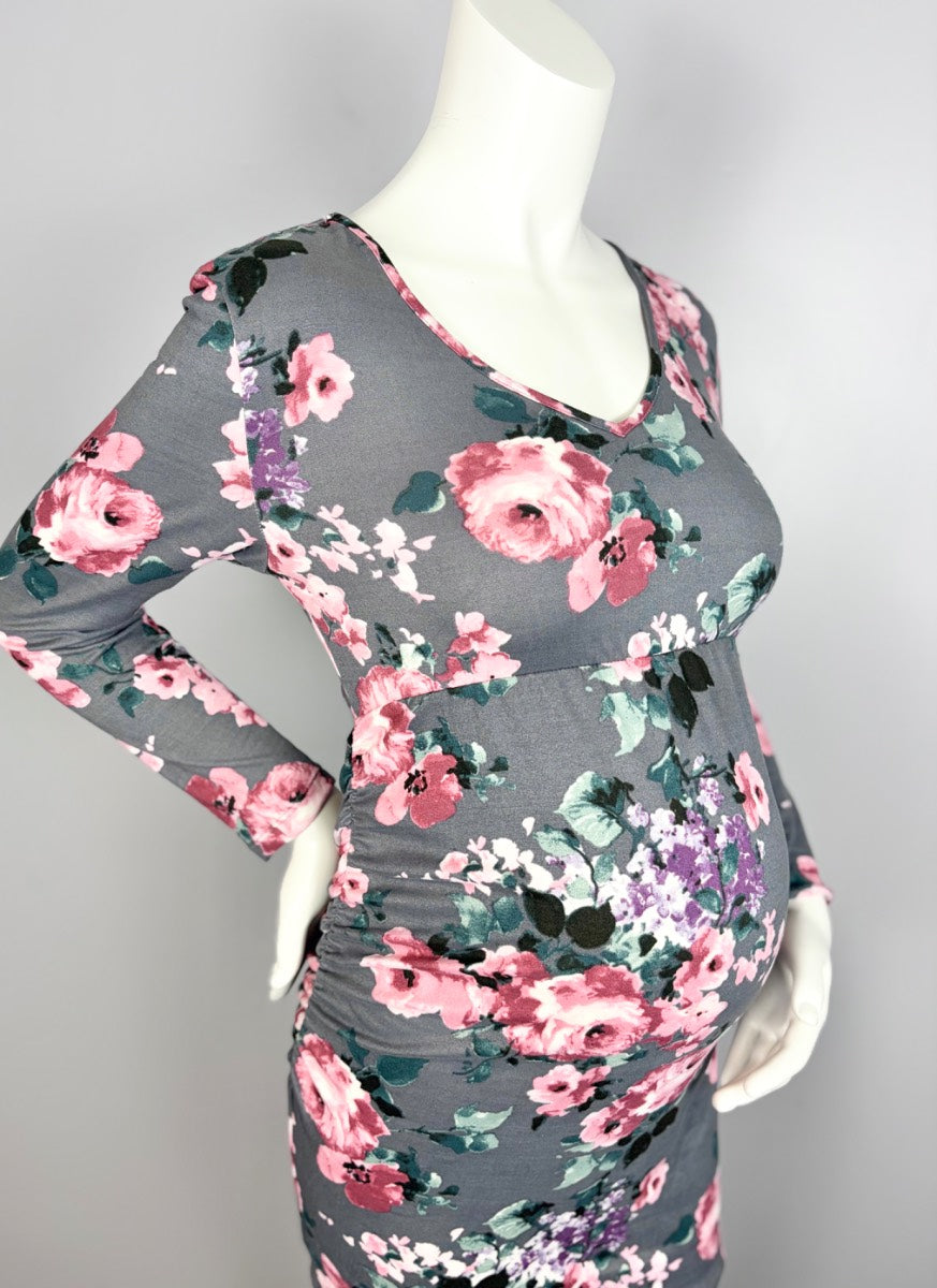S - Time Square Grey Floral Long Sleeve Mini Dress