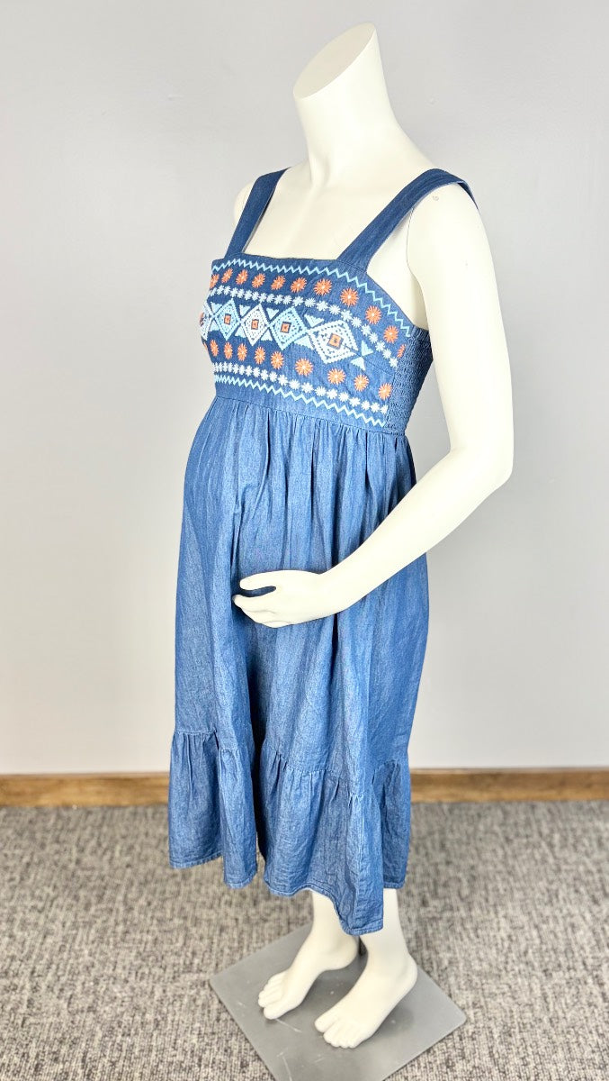 L - Embroidered Aztec Denim Dress