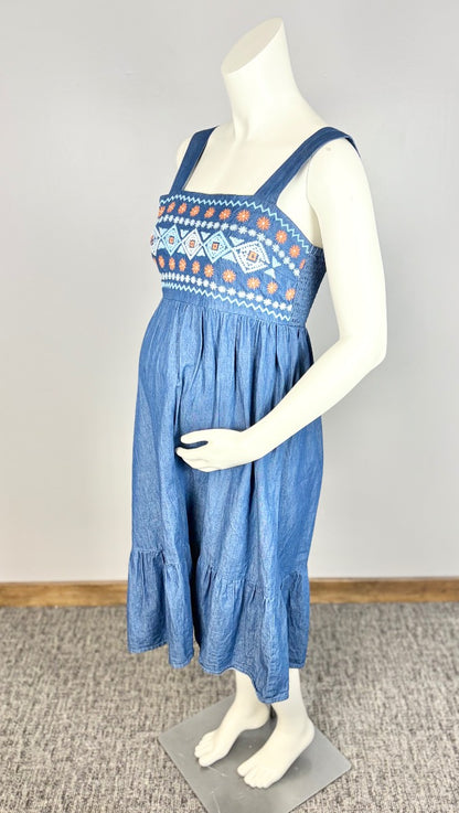 L - Embroidered Aztec Denim Dress