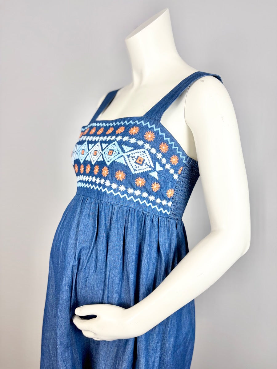 L - Embroidered Aztec Denim Dress