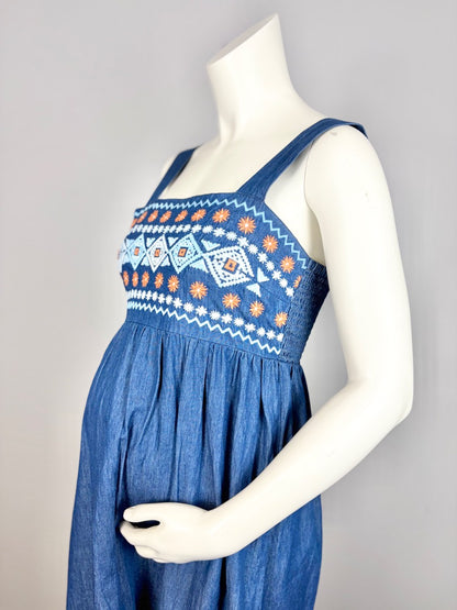 L - Embroidered Aztec Denim Dress