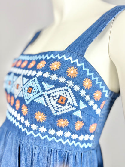 L - Embroidered Aztec Denim Dress