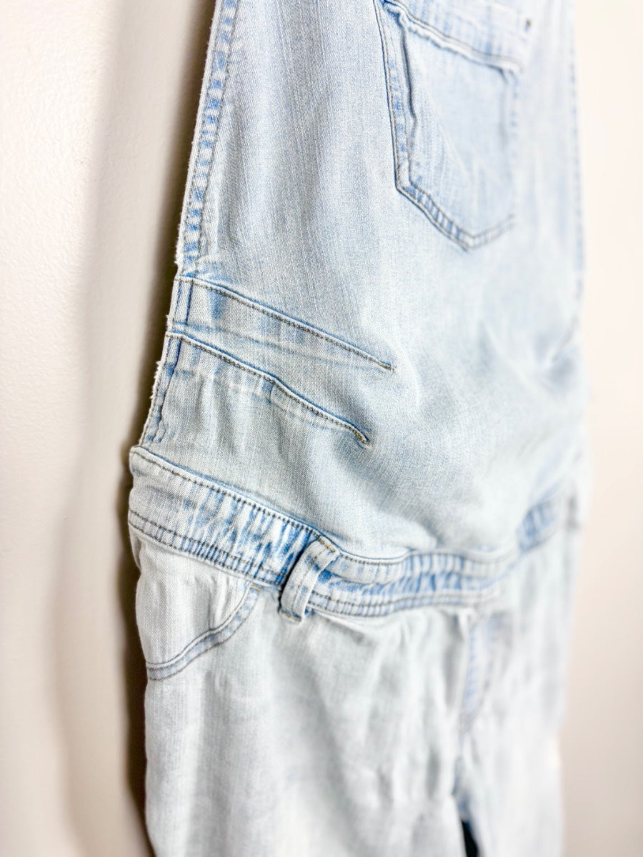 XL - Paisley Sky Lightwash Distressed Denim Overalls