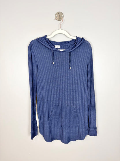 M - Thyme Blue Ribbed Knit Hooded Sweater