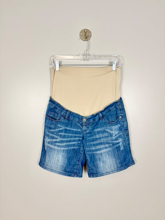 S - Thyme Distressed Denim Maternity Shorts