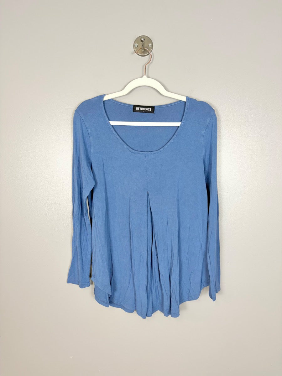 L - RetroLuxe Blue Long Sleeve Scoop Neck Top